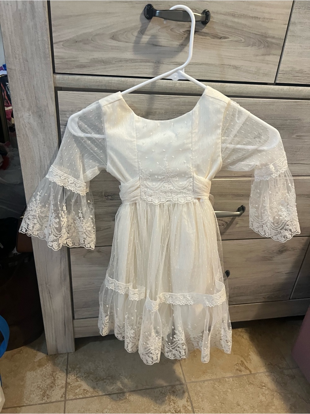 Girls Ivory Lace Party Dress with Sheer Bell Sleeves